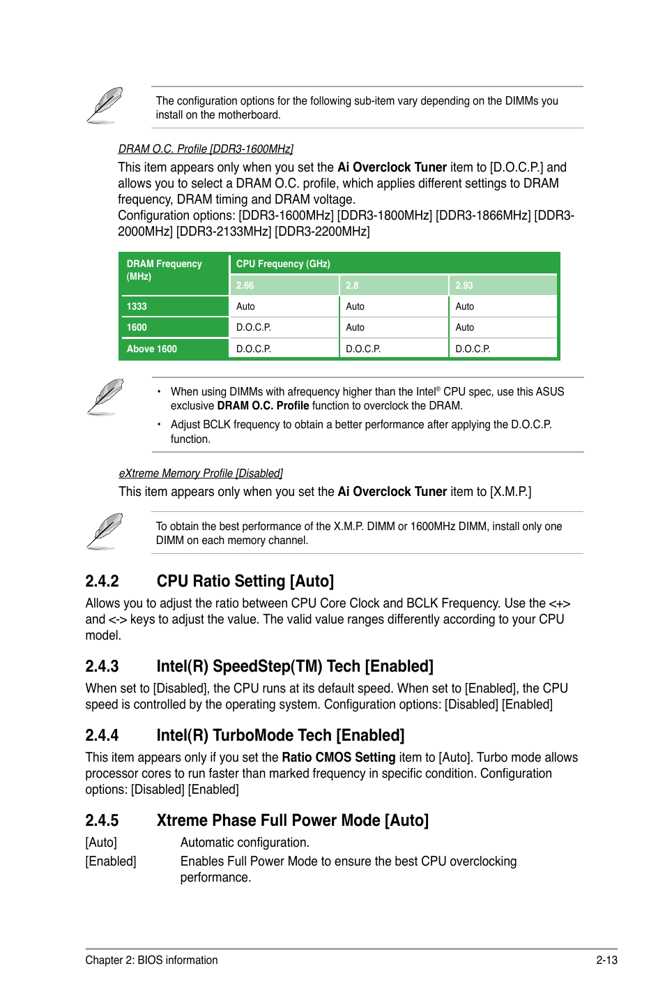 2 cpu ratio setting, 3 intel(r) speedstep(tm) tech, 4 intel(r) turbomode tech | 5 xtreme phase full power mode, Cpu ratio setting -13, Intel(r) speedstep(tm) tech -13, Intel(r) turbomode tech -13, Xtreme phase full power mode -13, 2 cpu ratio setting [auto, 3 intel(r) speedstep(tm) tech [enabled | Asus P7P55 LX/JOOYON/SI User Manual | Page 55 / 70