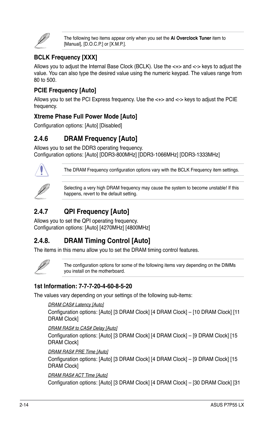 6 dram frequency, 7 qpi frequency, Dram timing control | Dram frequency -14, Qpi frequency -14, Dram timing control -14, 6 dram frequency [auto, 7 qpi frequency [auto, Dram timing control [auto | Asus P7P55 LX/JOOYON/SI User Manual | Page 56 / 70