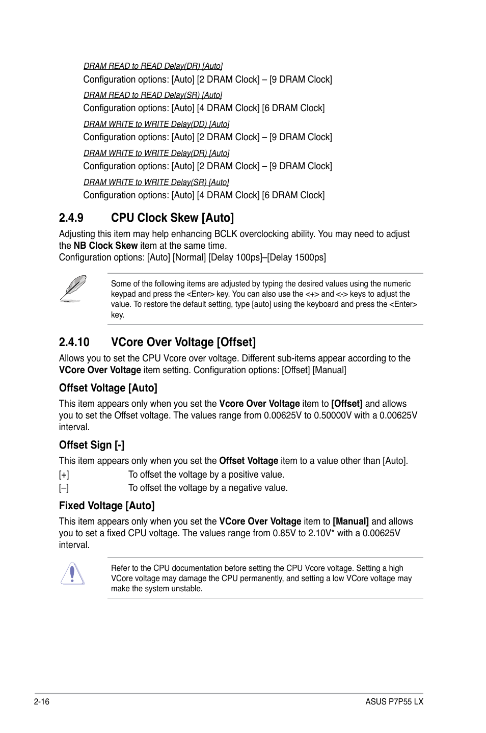 9 cpu clock skew, 10 vcore over voltage, Cpu clock skew -16 | 10 vcore over voltage -16, 9 cpu clock skew [auto, 10 vcore over voltage [offset | Asus P7P55 LX/JOOYON/SI User Manual | Page 58 / 70