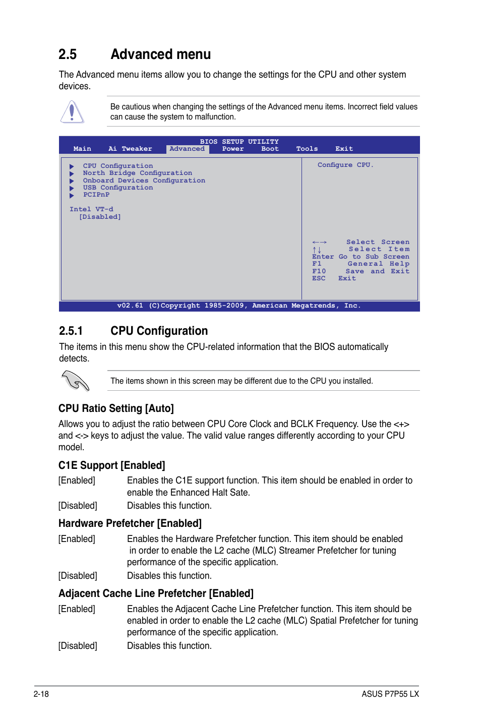 5 advanced menu, 1 cpu configuration, Advanced menu -18 2.5.1 | Cpu configuration -18 | Asus P7P55 LX/JOOYON/SI User Manual | Page 60 / 70