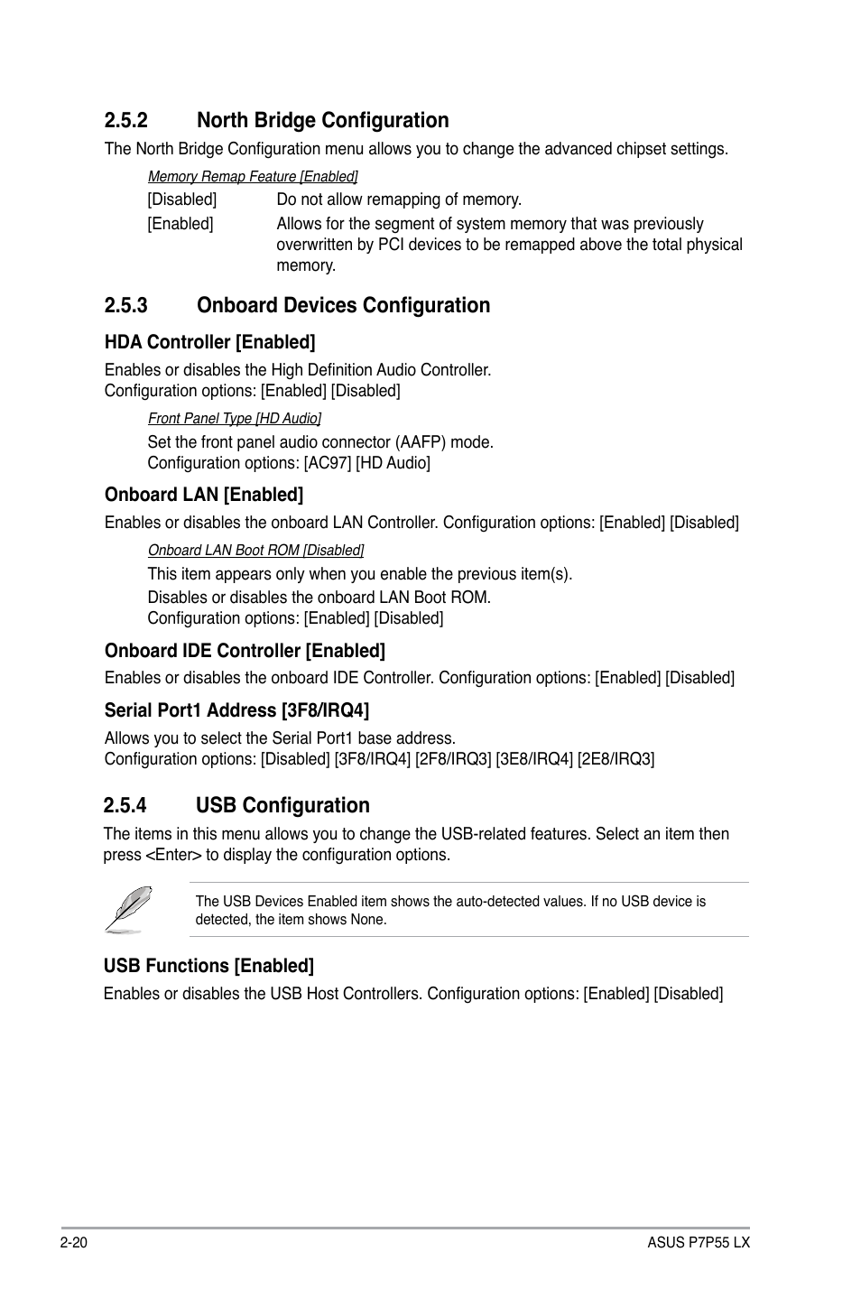 2 north bridge configuration, 3 onboard devices configuration, 4 usb configuration | North bridge configuration -20, Onboard devices configuration -20, Usb configuration -20 | Asus P7P55 LX/JOOYON/SI User Manual | Page 62 / 70