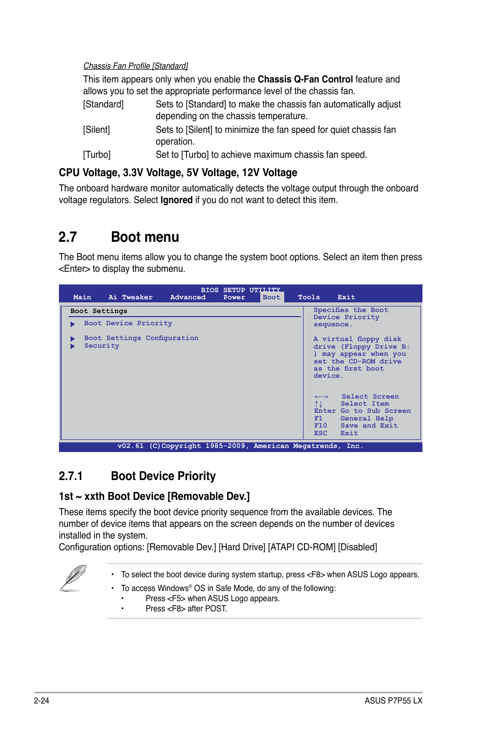 7 boot menu, 1 boot device priority, Boot menu -24 2.7.1 | Boot device priority -24, 1st ~ xxth boot device [removable dev | Asus P7P55 LX/JOOYON/SI User Manual | Page 66 / 70