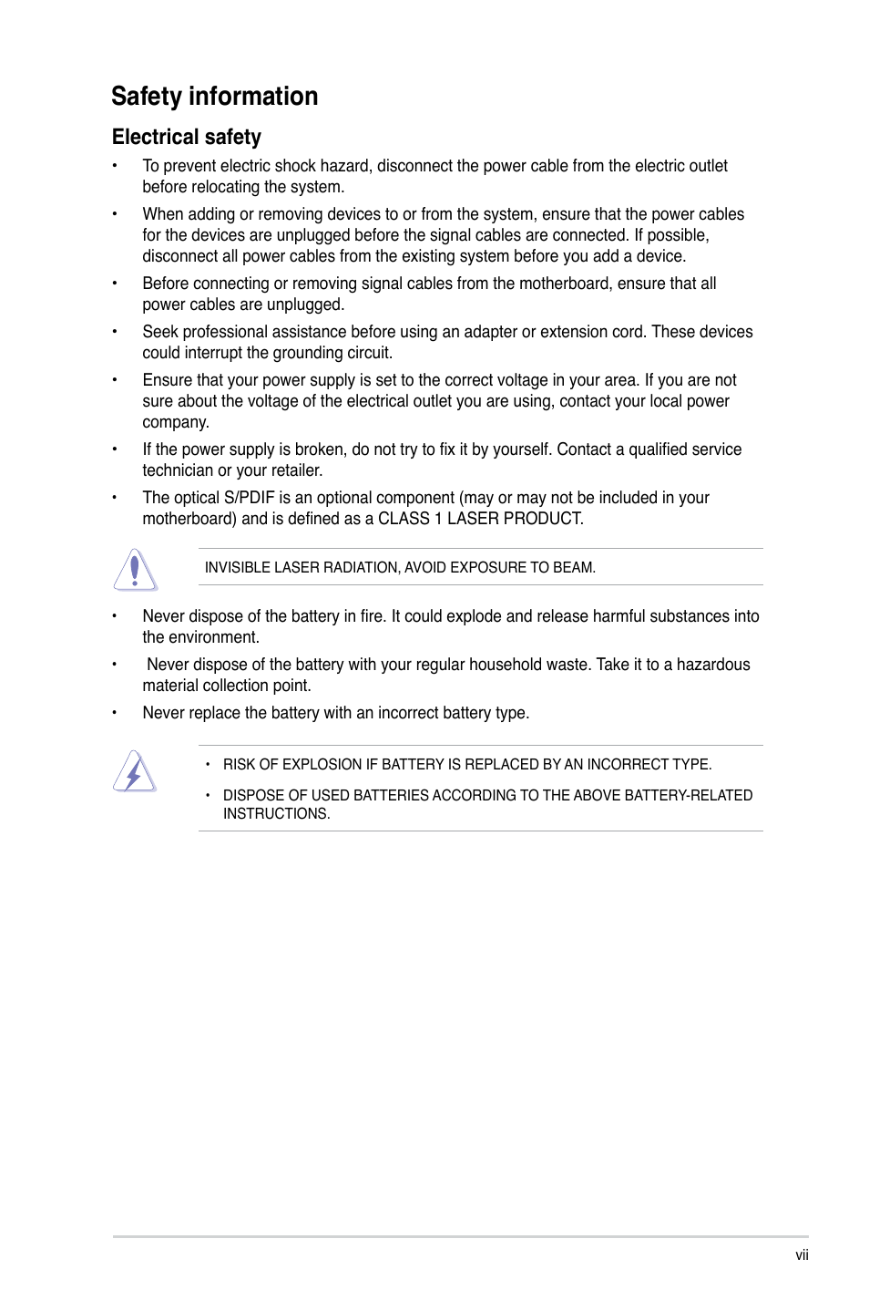 Safety information, Electrical safety | Asus P7P55 LX/JOOYON/SI User Manual | Page 7 / 70