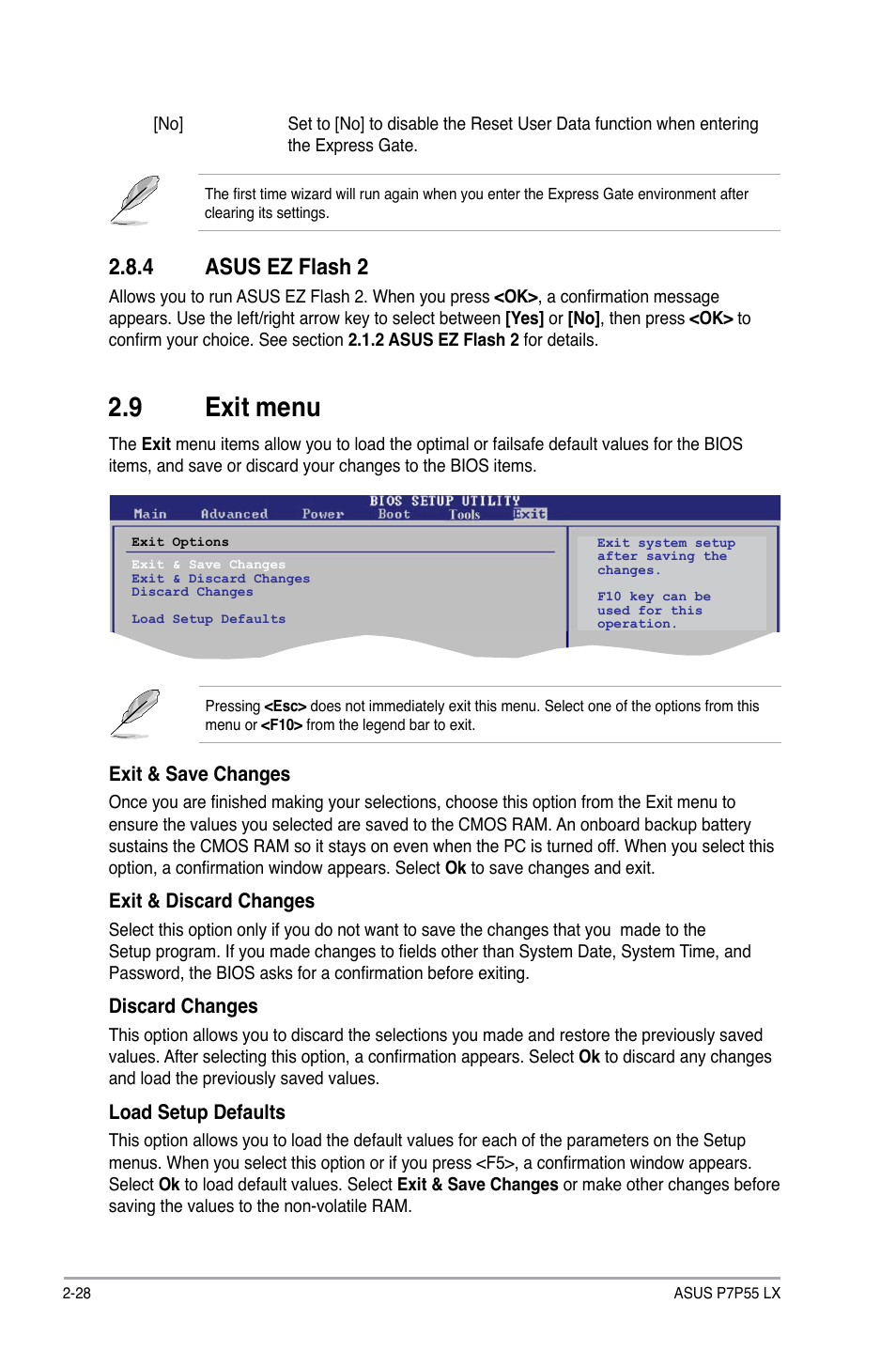 4 asus ez flash 2, 9 exit menu, Asus ez flash 2 -28 | Exit menu -28 | Asus P7P55 LX/JOOYON/SI User Manual | Page 70 / 70