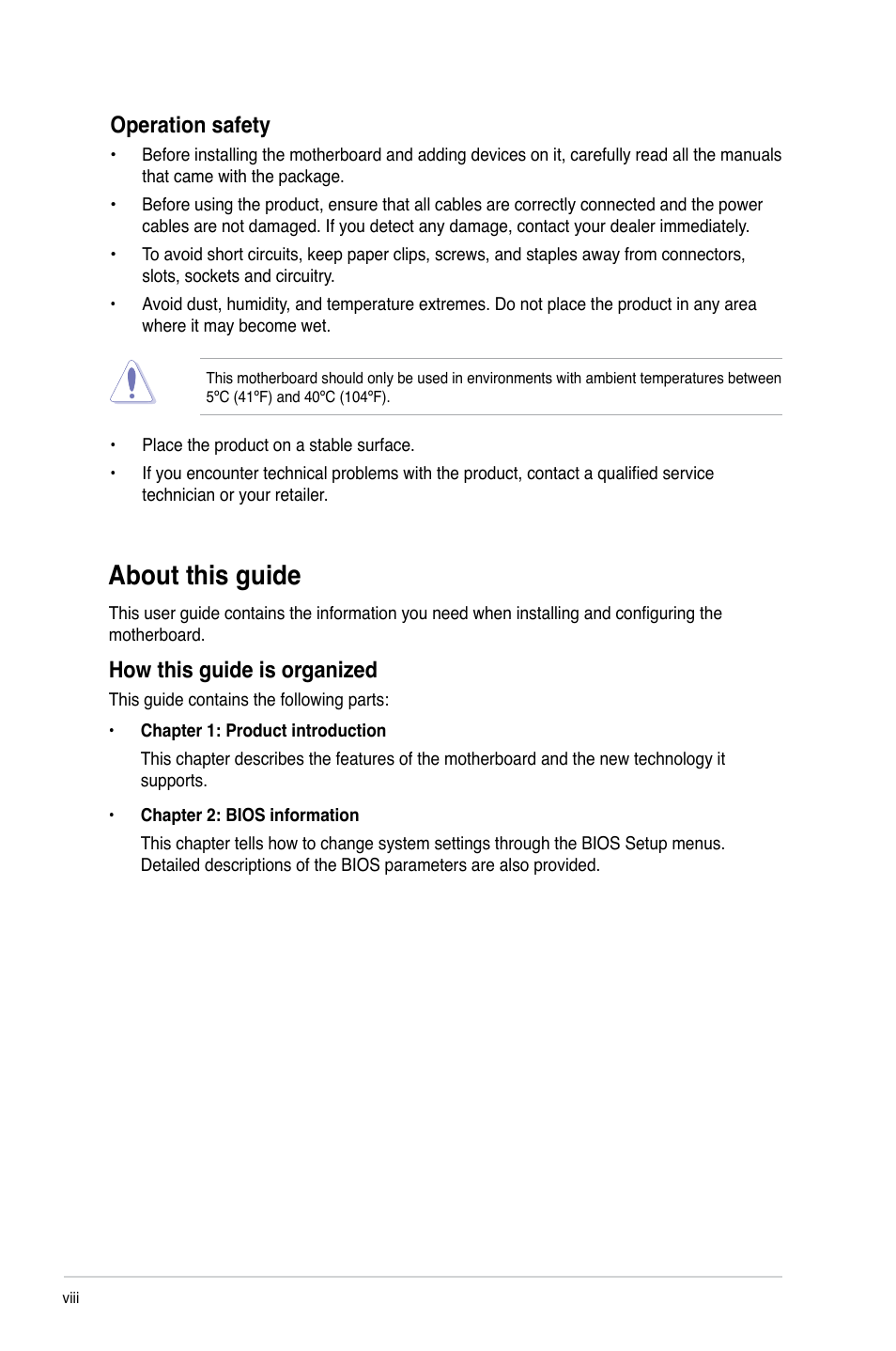 About this guide, How this guide is organized, Operation safety | Asus P7P55 LX/JOOYON/SI User Manual | Page 8 / 70
