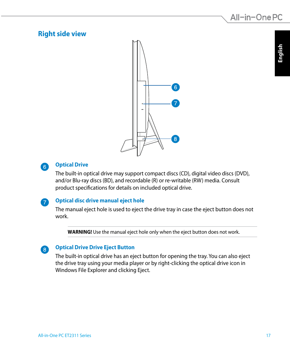 Right side view | Asus ET2311IUTH User Manual | Page 17 / 68