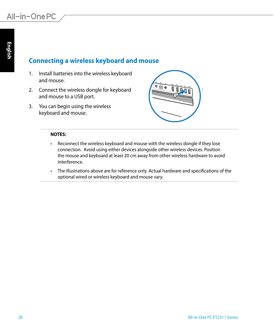 Connecting a wireless keyboard and mouse | Asus ET2311IUTH User Manual | Page 20 / 68