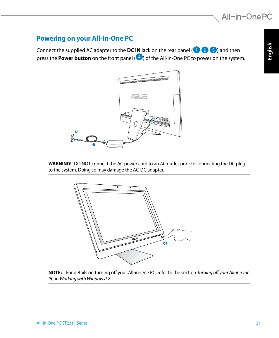 Powering on your all-in-one pc | Asus ET2311IUTH User Manual | Page 21 / 68