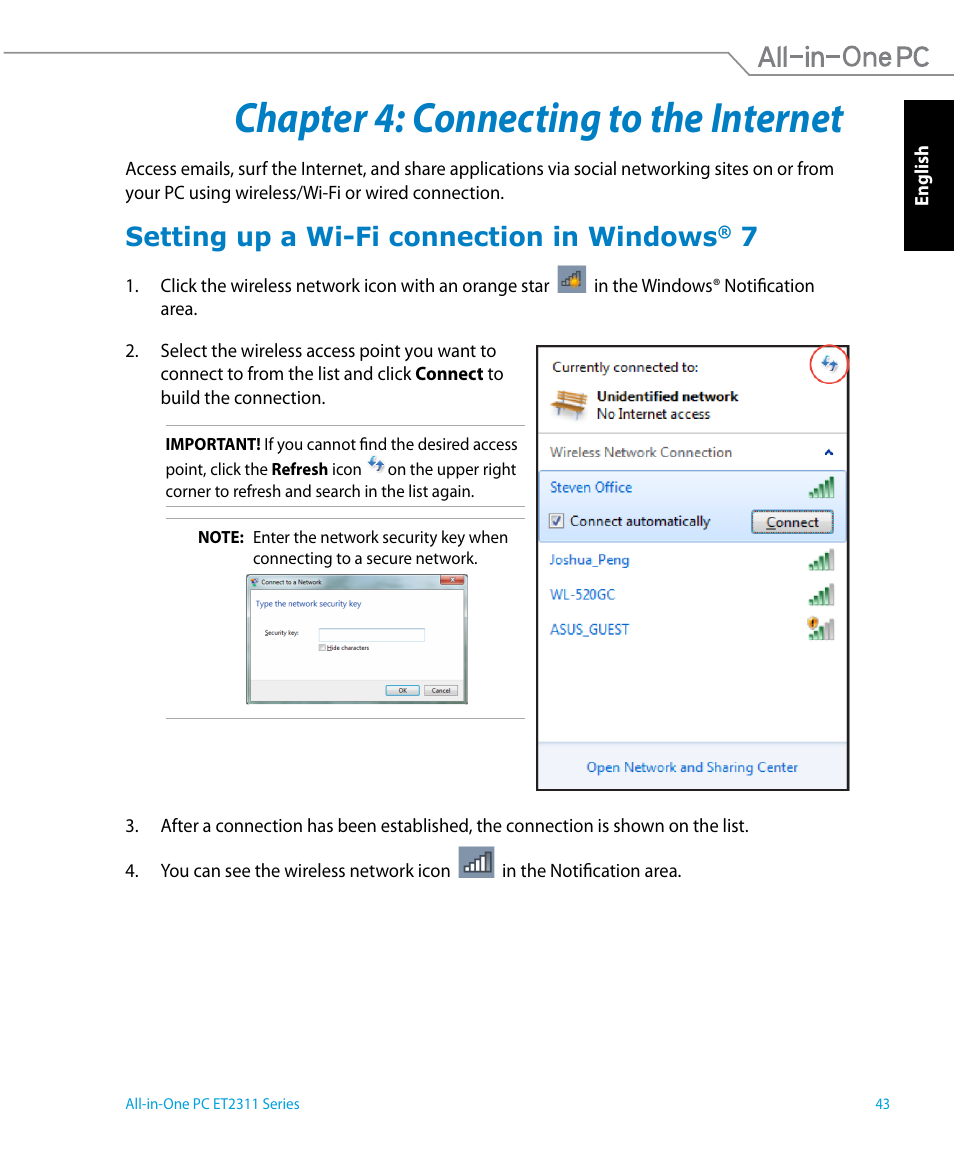 Chapter 4: connecting to the internet, Setting up a wi-fi connection in windows® 7, Setting up a wi-fi connection in windows | Asus ET2311IUTH User Manual | Page 43 / 68