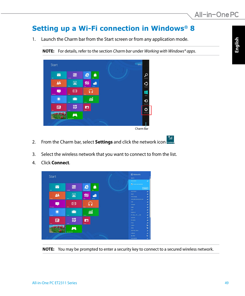 Setting up a wi-fi connection in windows® 8, Setting up a wi-fi connection in windows | Asus ET2311IUTH User Manual | Page 49 / 68