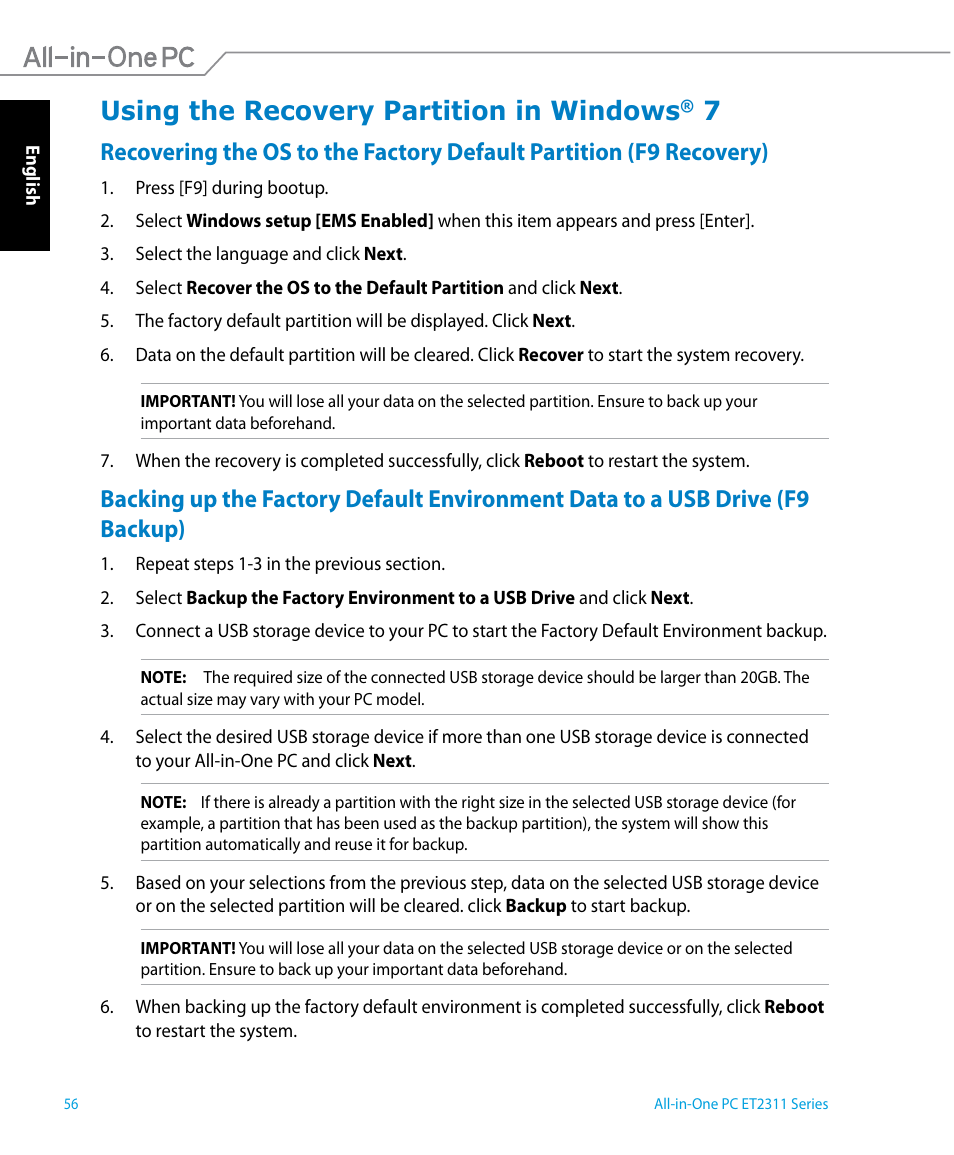 Using the recovery partition in windows® 7, Using the recovery partition in windows | Asus ET2311IUTH User Manual | Page 56 / 68