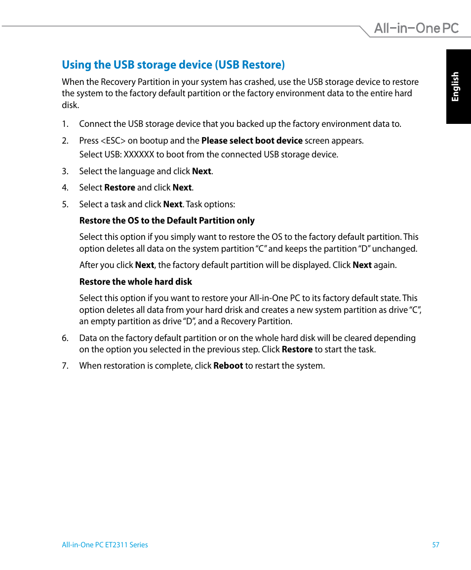 Using the usb storage device (usb restore) | Asus ET2311IUTH User Manual | Page 57 / 68