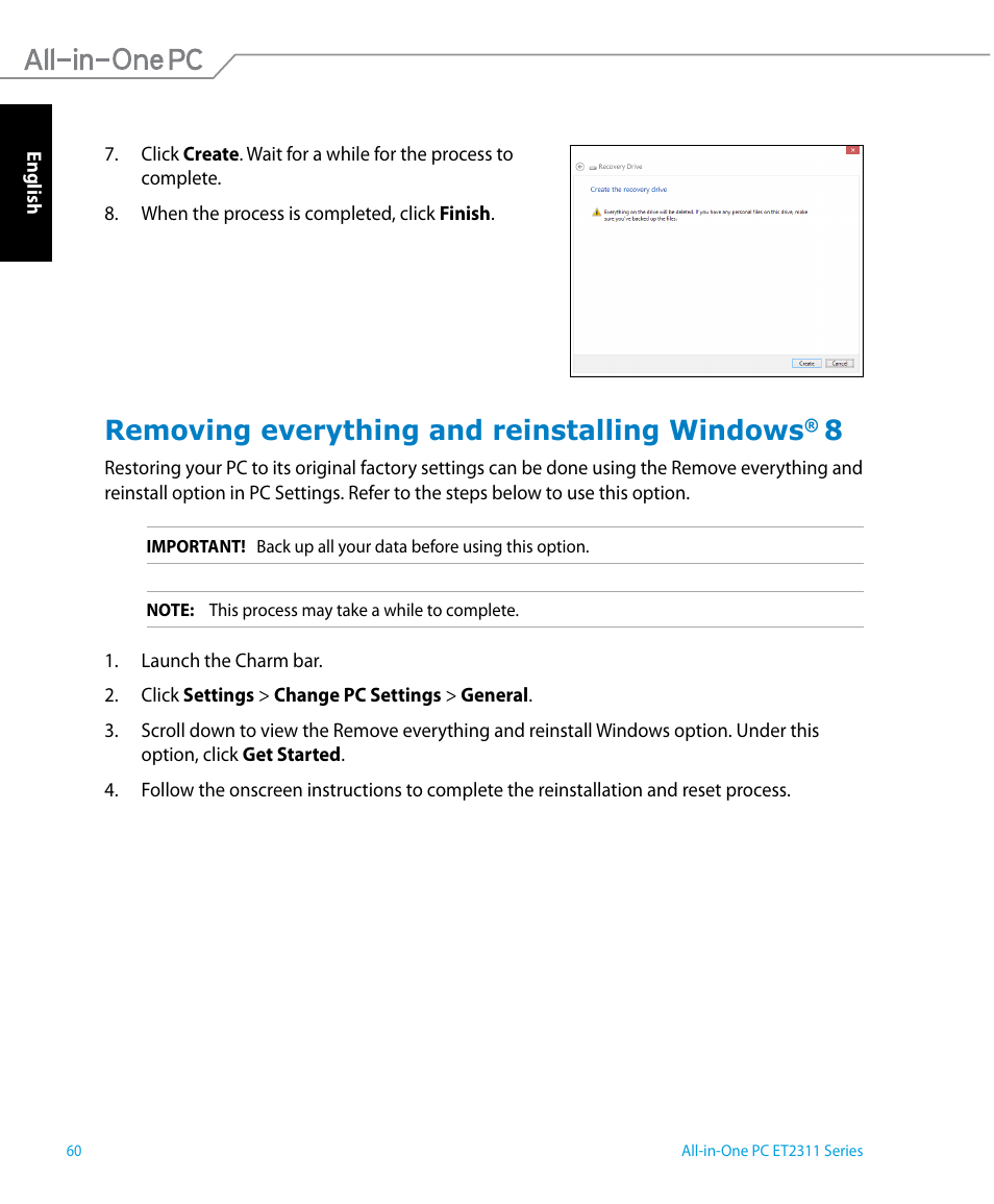 Removing everything and reinstalling windows® 8, Removing everything and reinstalling windows | Asus ET2311IUTH User Manual | Page 60 / 68