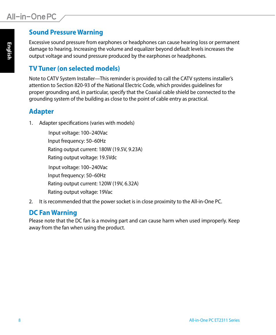 Sound pressure warning, Tv tuner (on selected models), Adapter | Dc fan warning | Asus ET2311IUTH User Manual | Page 8 / 68