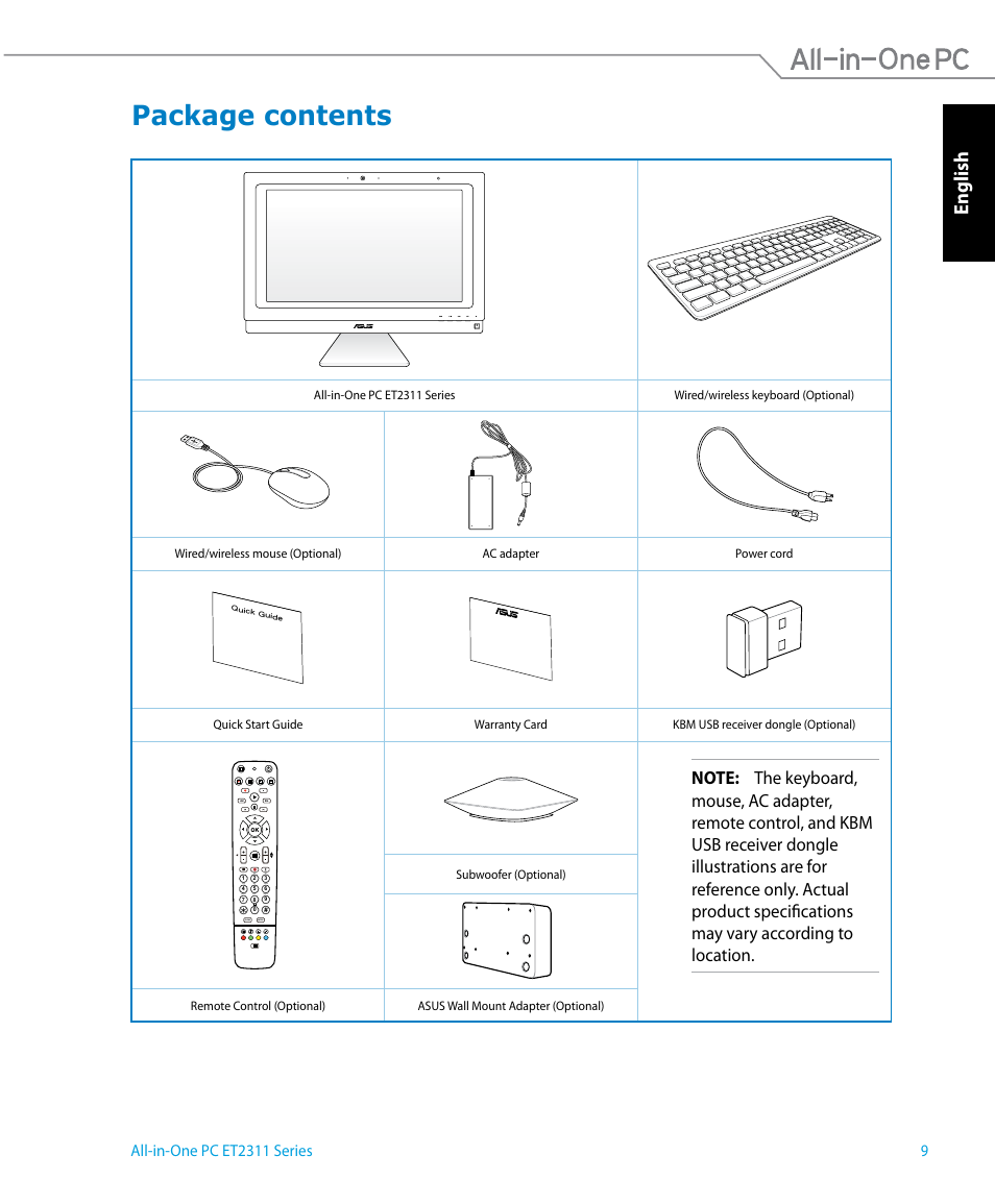 Package contents, English | Asus ET2311IUTH User Manual | Page 9 / 68