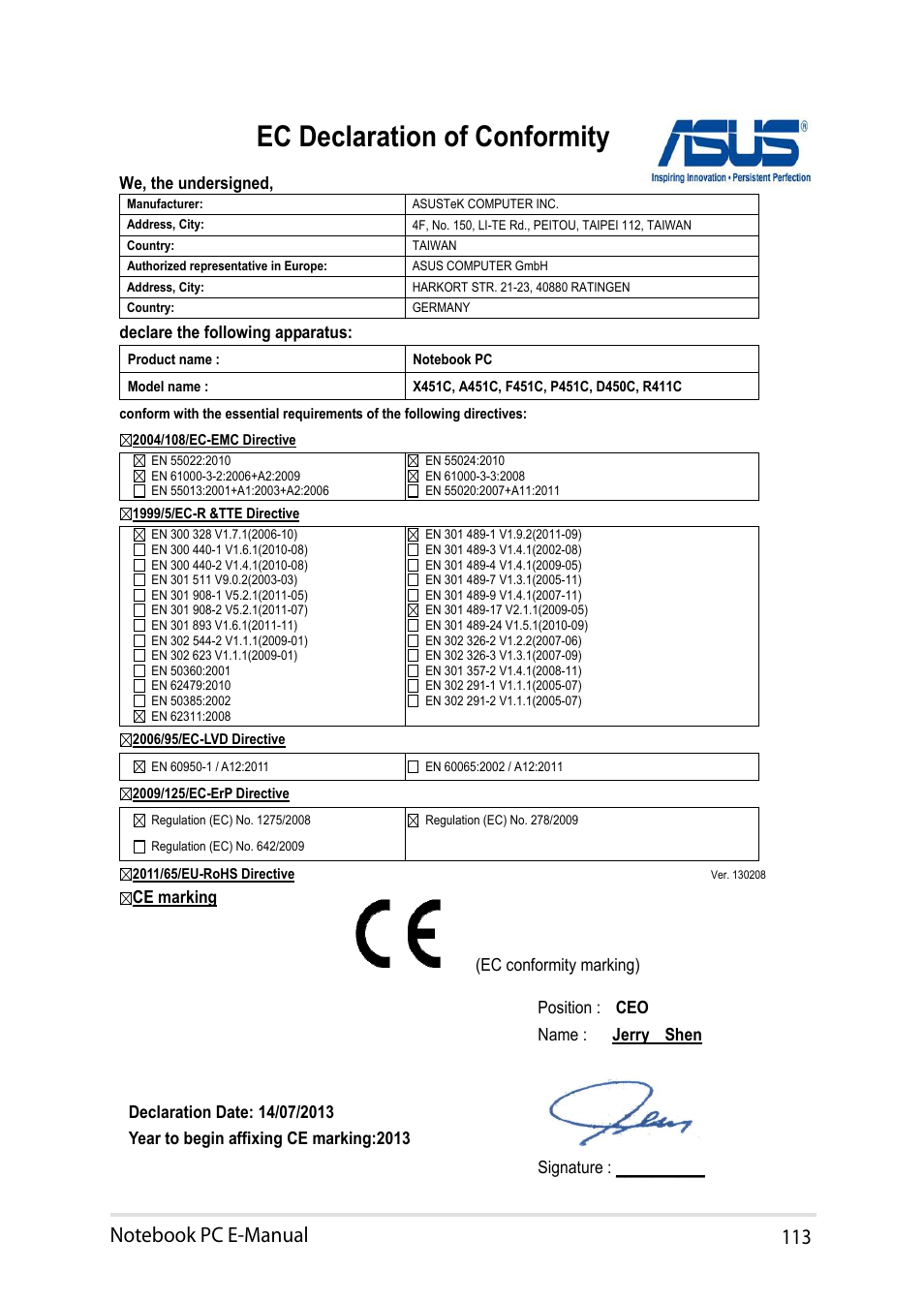 Ec declaration of conformity | Asus X551CA User Manual | Page 113 / 114