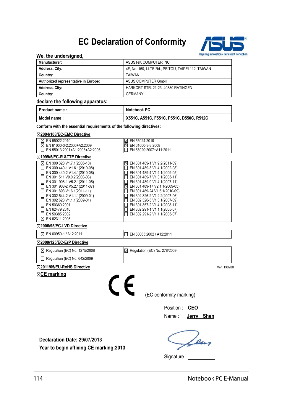 Ec declaration of conformity | Asus X551CA User Manual | Page 114 / 114