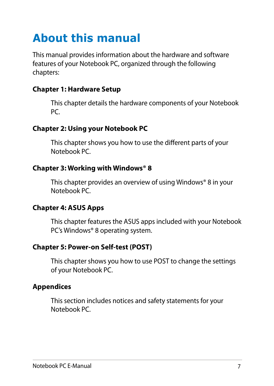 About this manual | Asus X551CA User Manual | Page 7 / 114