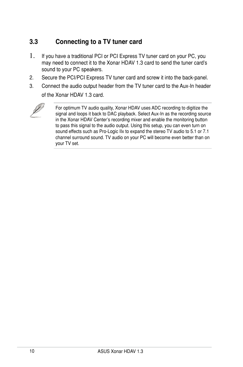 3 connecting to a tv tuner card | Asus Xonar HDAV1.3 User Manual | Page 16 / 100