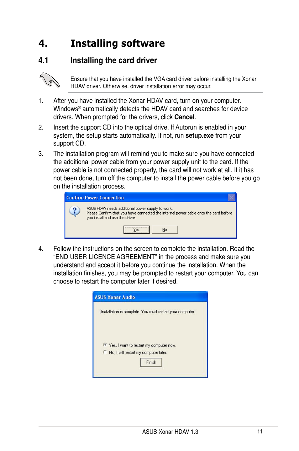 Installing software, 1 installing the card driver | Asus Xonar HDAV1.3 User Manual | Page 17 / 100