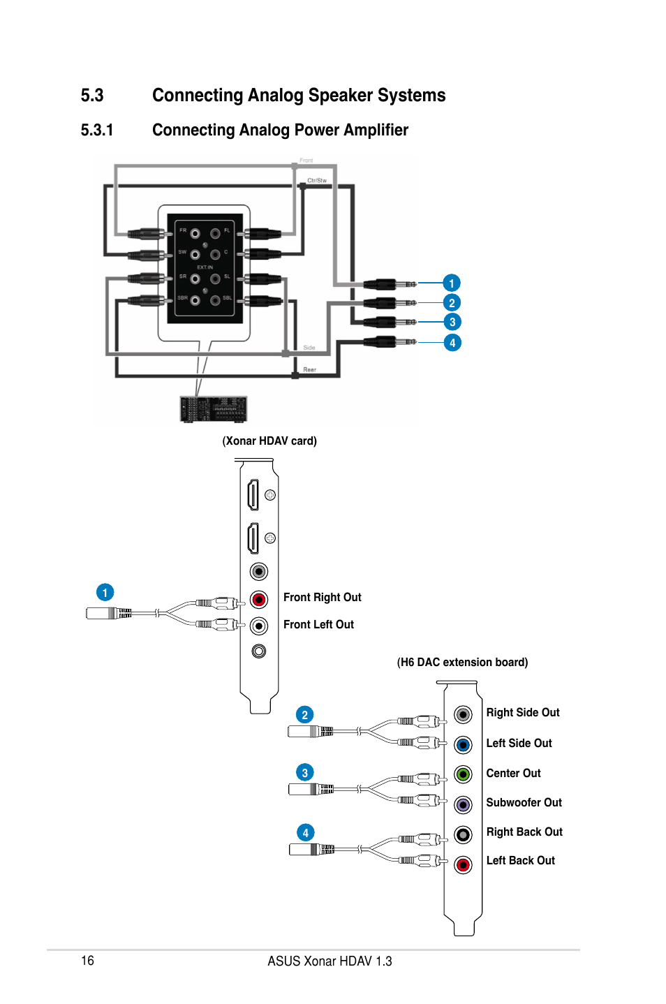 3 connecting analog speaker systems, 1 connecting analog power amplifier | Asus Xonar HDAV1.3 User Manual | Page 22 / 100