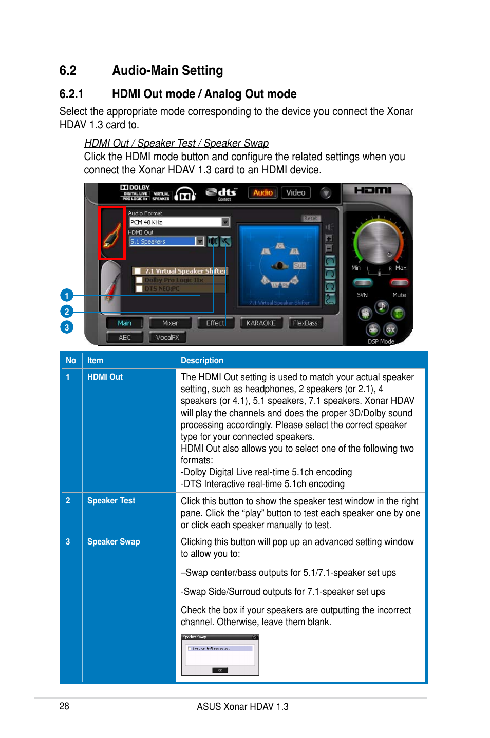 2 audio-main setting, 1 hdmi out mode / analog out mode | Asus Xonar HDAV1.3 User Manual | Page 34 / 100