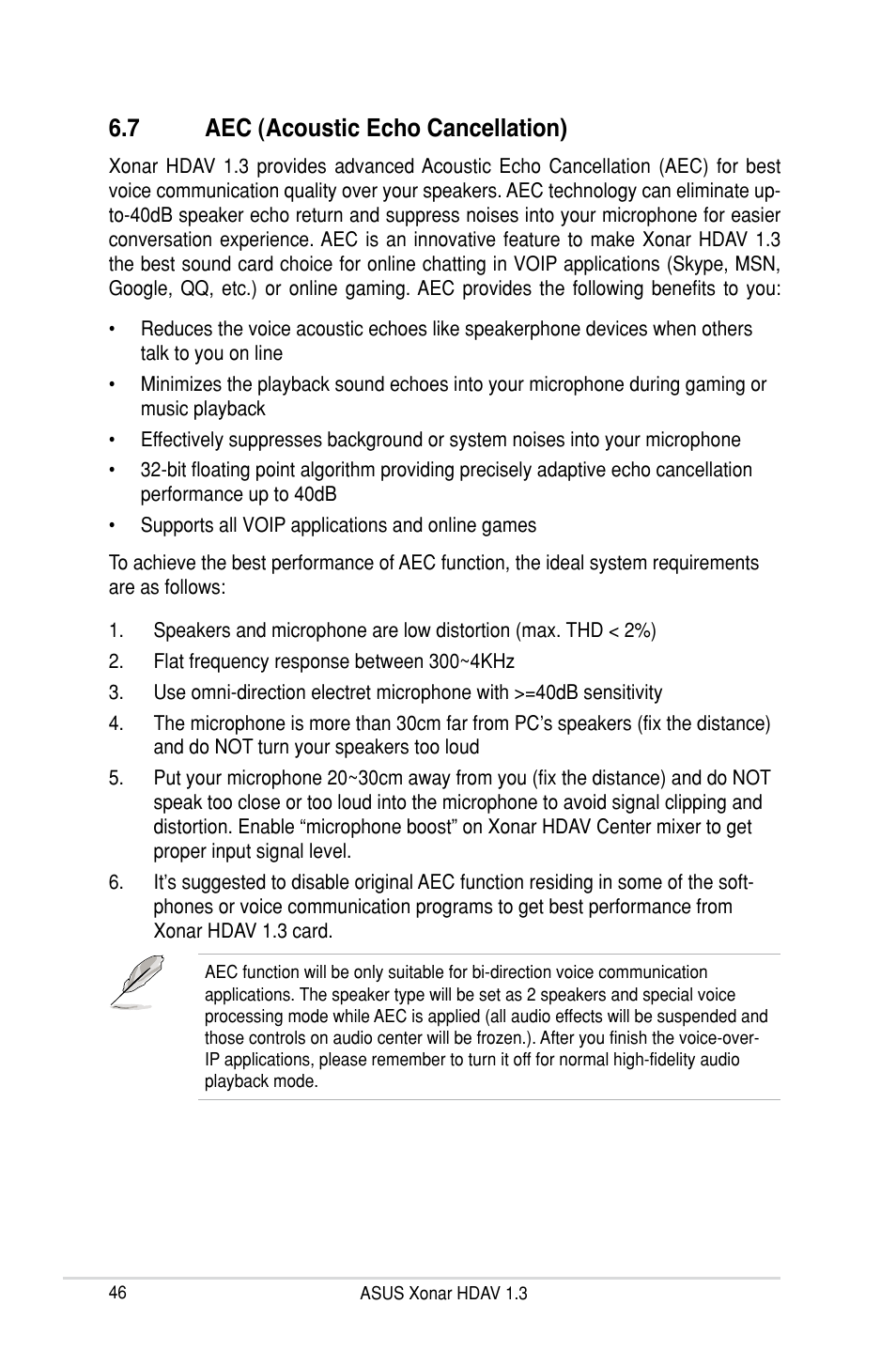 7 aec (acoustic echo cancellation) | Asus Xonar HDAV1.3 User Manual | Page 52 / 100