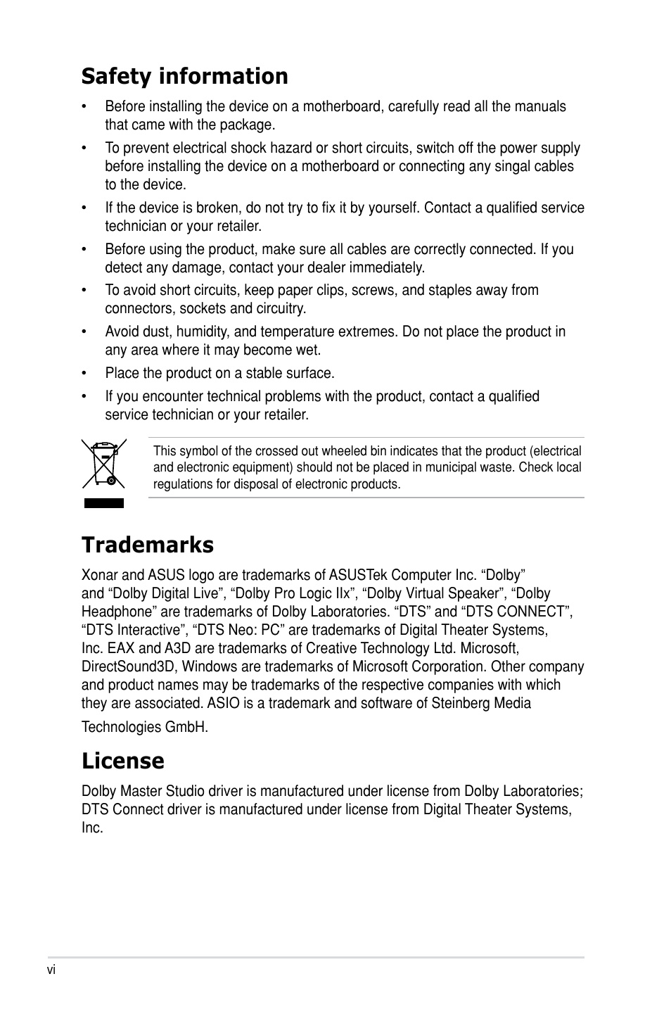 Safety information, Trademarks, License | Asus Xonar HDAV1.3 User Manual | Page 6 / 100