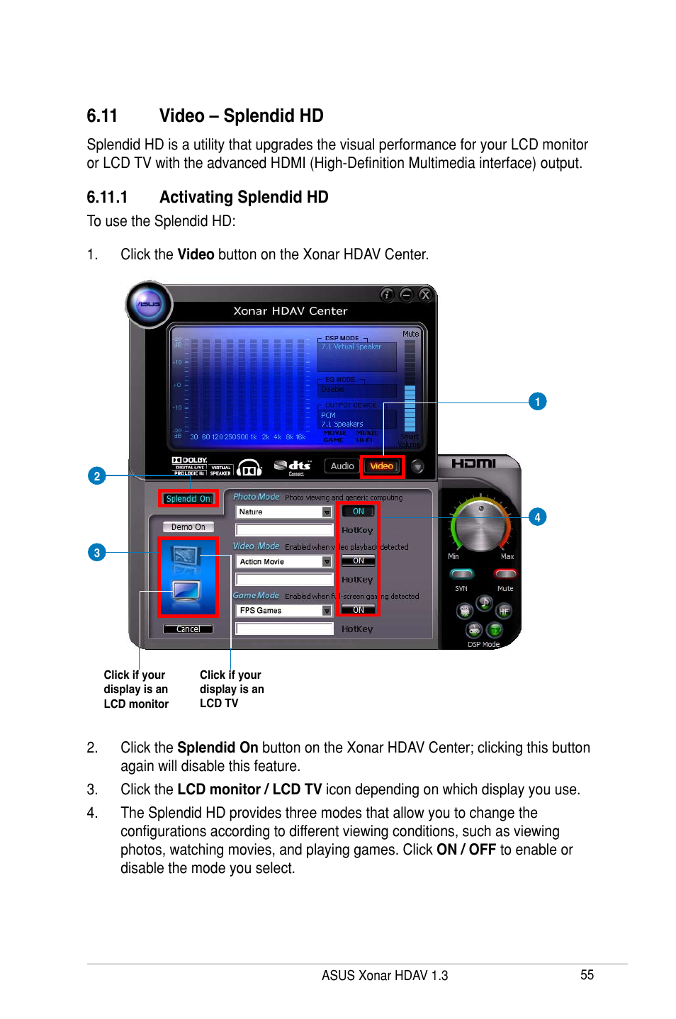 11 video – splendid hd, 1 activating splendid hd | Asus Xonar HDAV1.3 User Manual | Page 61 / 100