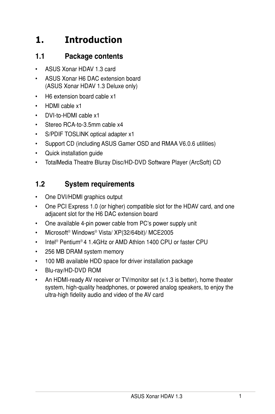 Introduction, 1 package contents, 2 system requirements | Asus Xonar HDAV1.3 User Manual | Page 7 / 100