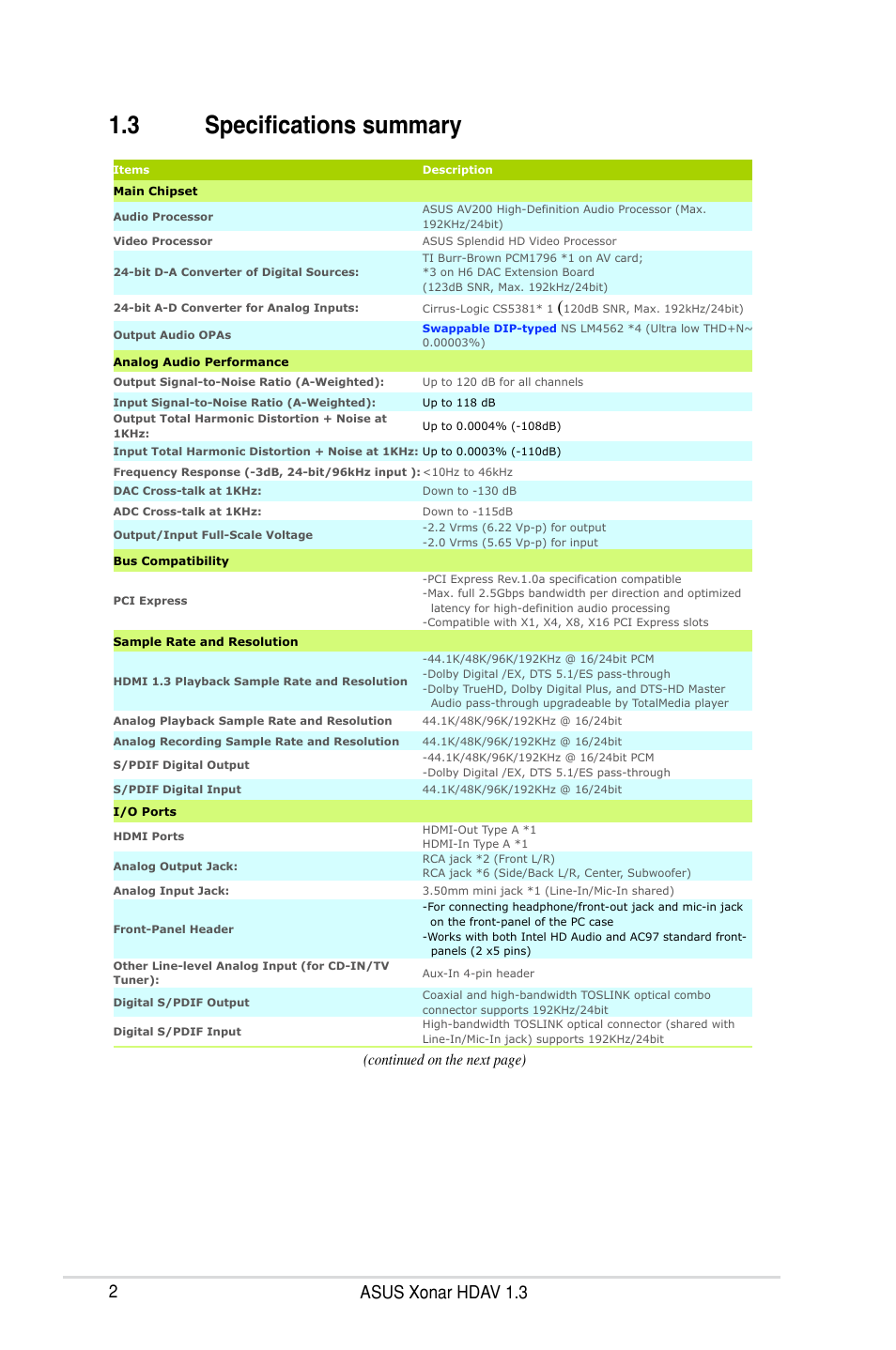 3 specifications summary, 2asus xonar hdav .3, Continued on the next page) | Asus Xonar HDAV1.3 User Manual | Page 8 / 100