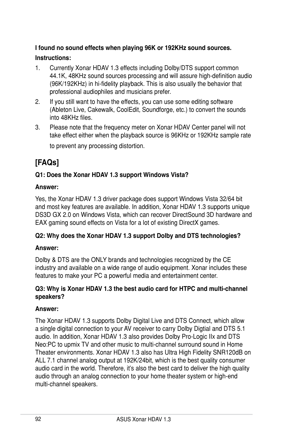 Faqs | Asus Xonar HDAV1.3 User Manual | Page 98 / 100