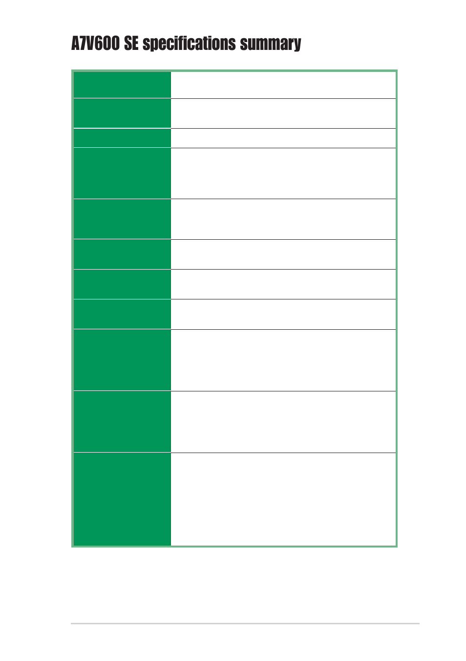 A7v600 se specifications summary | Asus A7V600 SE User Manual | Page 9 / 84