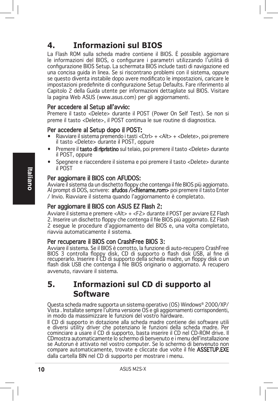 Informazioni sul bios, Informazioni sul cd di supporto al software | Asus M2S-X User Manual | Page 10 / 38