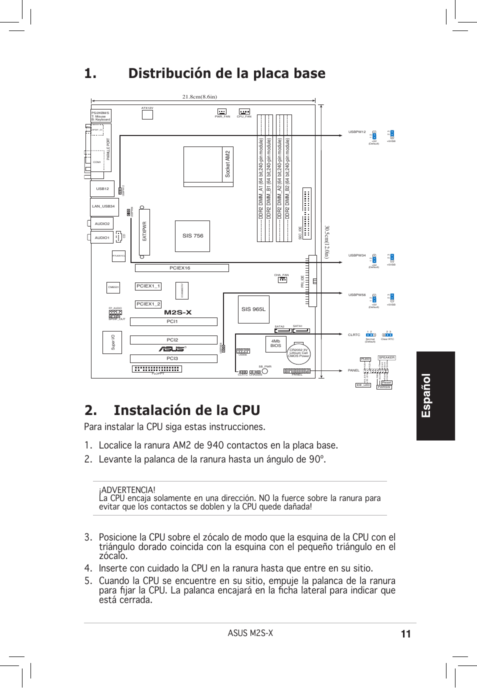 Instalación de la cpu, Distribución de la placa base, Asus m2s-x | 5cm(12.0in), Socket am2, M2s-x | Asus M2S-X User Manual | Page 11 / 38