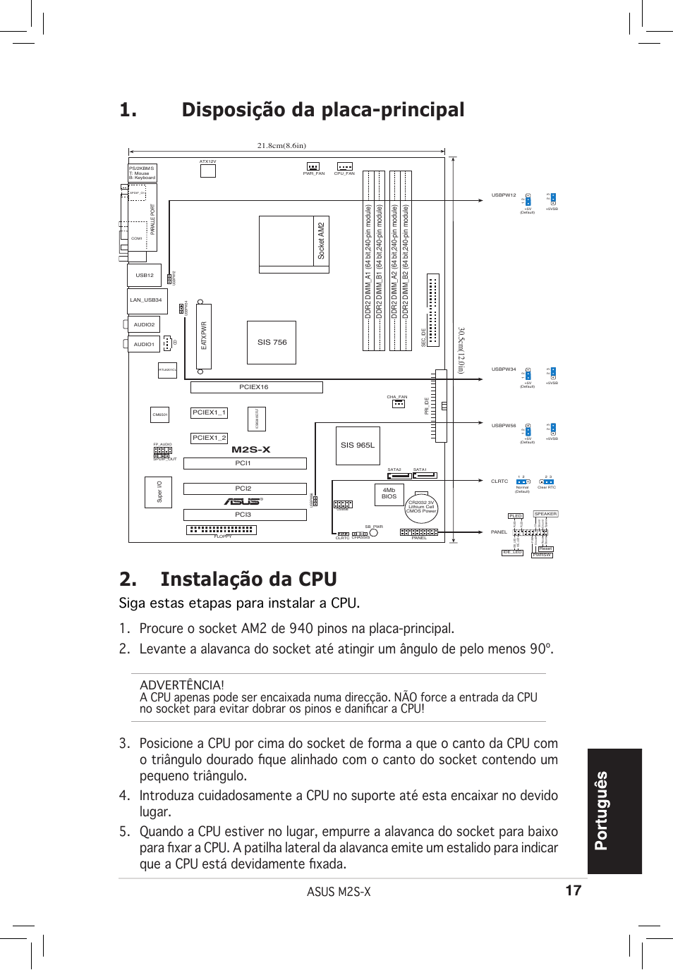 Disposição da placa-principal, Instalação da cpu, Asus m2s-x | 5cm(12.0in), Socket am2, M2s-x | Asus M2S-X User Manual | Page 17 / 38