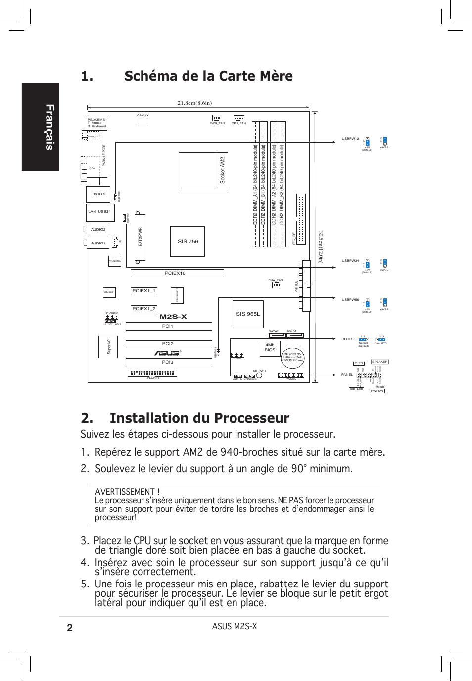 Schéma de la carte mère, Installation du processeur, Français | Asus m2s-x, 5cm(12.0in) | Asus M2S-X User Manual | Page 2 / 38