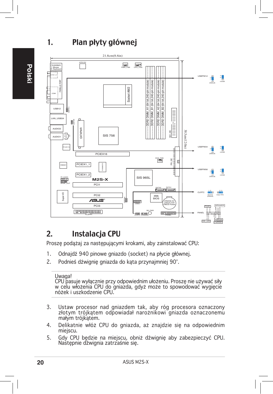 Plan płyty głównej, Instalacja cpu, Polski | Asus m2s-x, 5cm(12.0in) | Asus M2S-X User Manual | Page 20 / 38