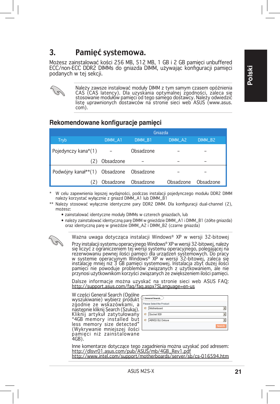 Pamięć systemowa, Polski, Rekomendowane konfiguracje pamięci | Asus M2S-X User Manual | Page 21 / 38