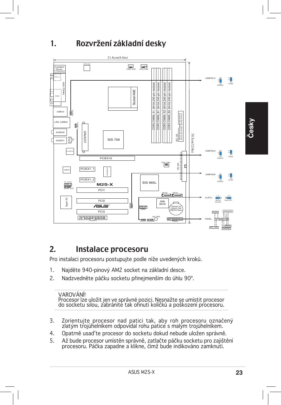 Rozvržení základní desky, Instalace procesoru, Česky | Asus m2s-x, 5cm(12.0in) | Asus M2S-X User Manual | Page 23 / 38