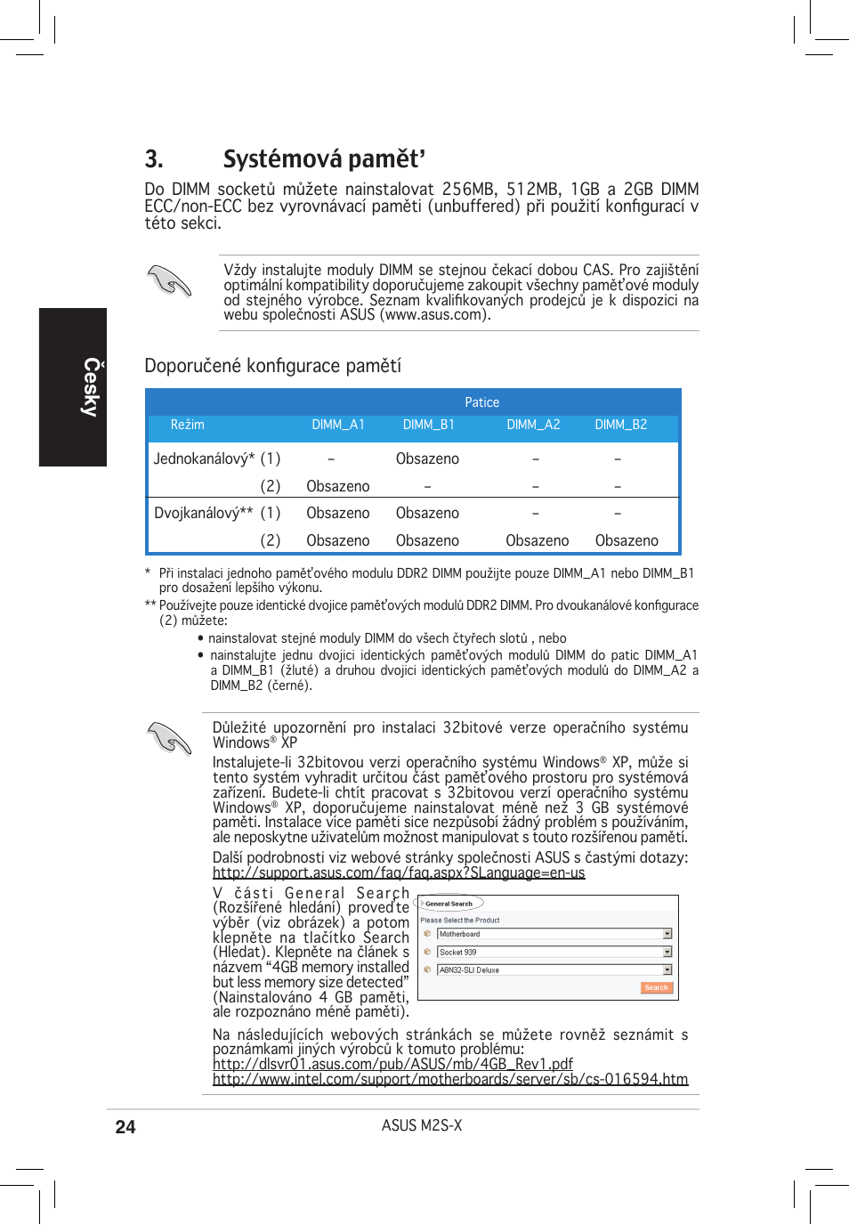 Systémová pamět, Česky, Doporučené konfigurace pamětí | Asus M2S-X User Manual | Page 24 / 38