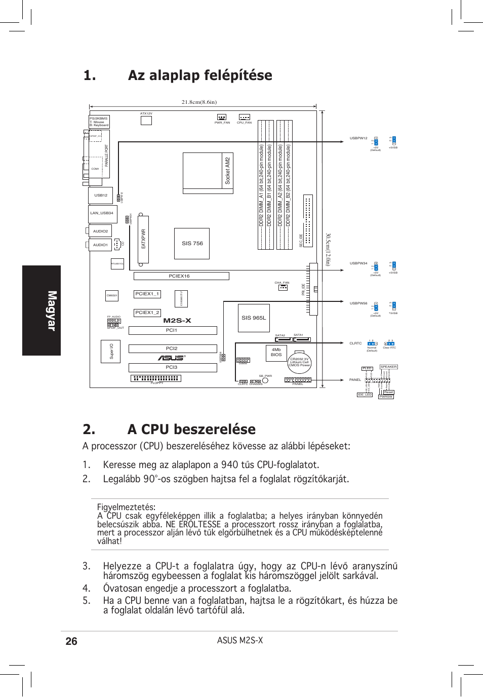 Az alaplap felépítése, A cpu beszerelése, Asus m2s-x | 5cm(12.0in), Socket am2, M2s-x | Asus M2S-X User Manual | Page 26 / 38