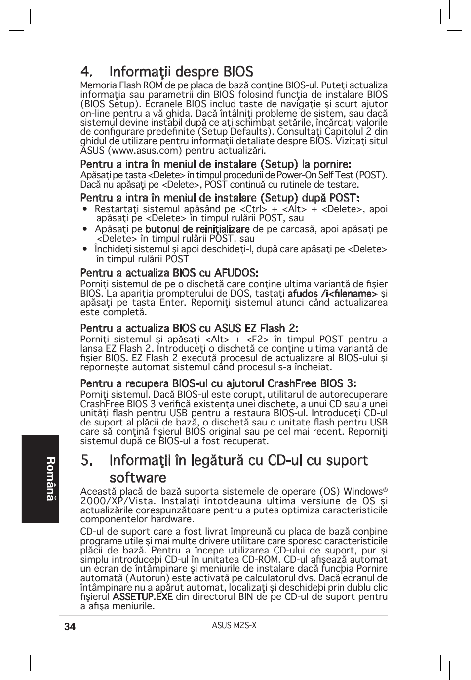 Informaţii despre bios, Informaţii în legătură cu cd-ul cu suport software, Română | Asus M2S-X User Manual | Page 34 / 38