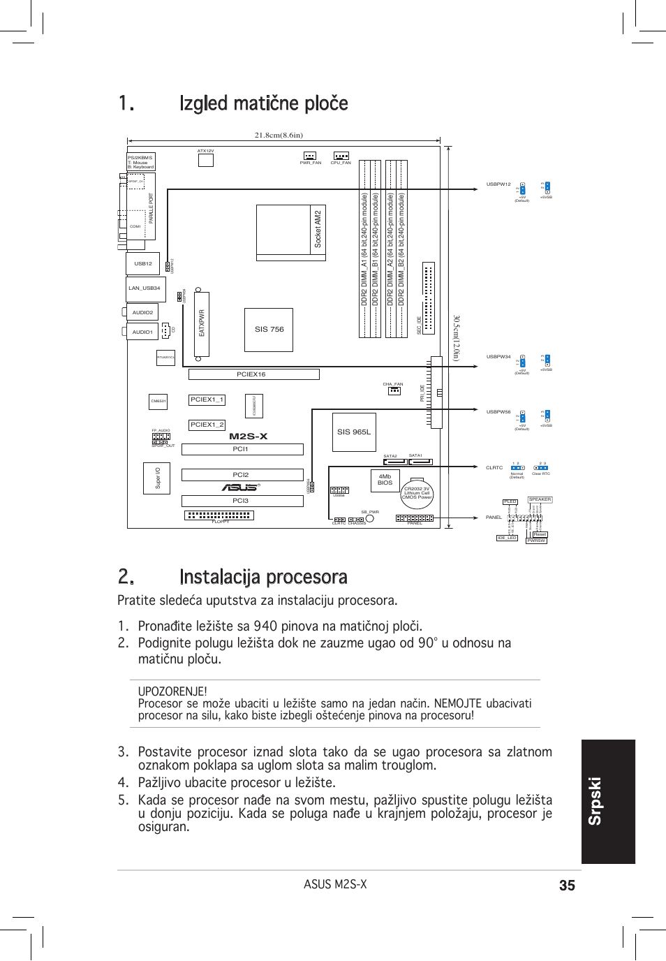 Izgled matične ploče, Instalacija procesora, Asus m2s-x | 5cm(12.0in), Socket am2, M2s-x | Asus M2S-X User Manual | Page 35 / 38