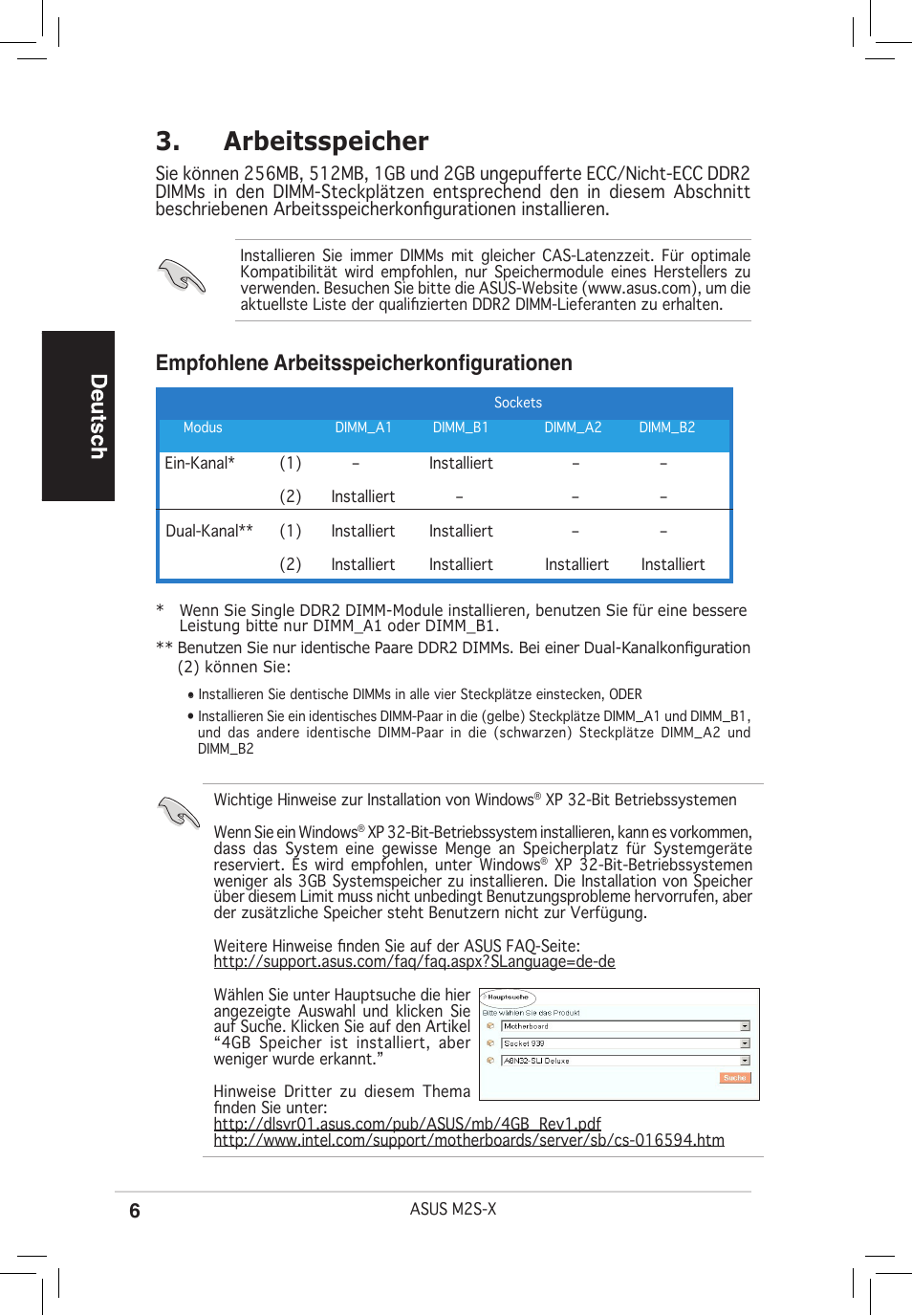 Arbeitsspeicher, Empfohlene arbeitsspeicherkonfigurationen | Asus M2S-X User Manual | Page 6 / 38