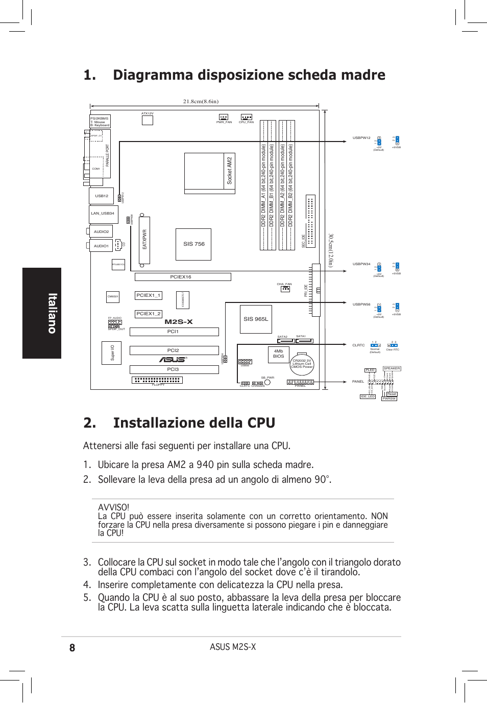 Diagramma disposizione scheda madre, Installazione della cpu, Asus m2s-x | 5cm(12.0in), Socket am2, M2s-x | Asus M2S-X User Manual | Page 8 / 38