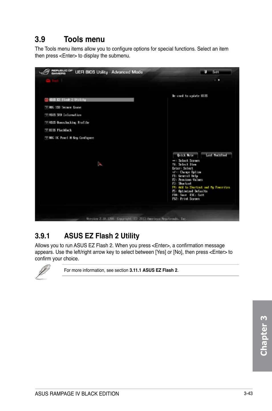 Chapter 3 3.9 tools menu, 1 asus ez flash 2 utility | Asus RAMPAGE IV BLACK EDITION User Manual | Page 133 / 222