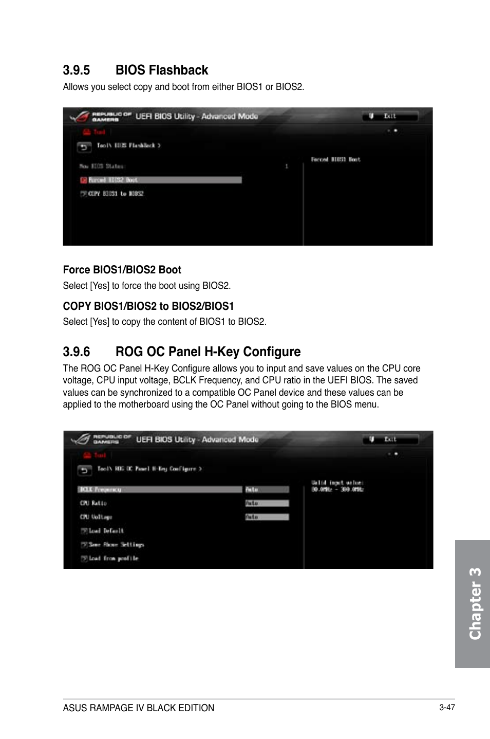 Chapter 3, 5 bios flashback, 6 rog oc panel h-key configure | Asus RAMPAGE IV BLACK EDITION User Manual | Page 137 / 222