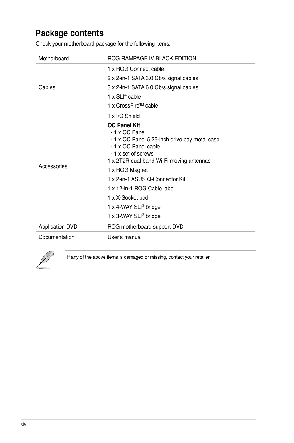 Package contents | Asus RAMPAGE IV BLACK EDITION User Manual | Page 14 / 222