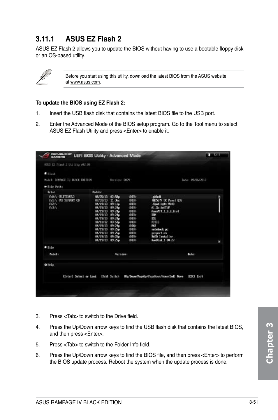 Chapter 3, 1 asus ez flash 2 | Asus RAMPAGE IV BLACK EDITION User Manual | Page 141 / 222